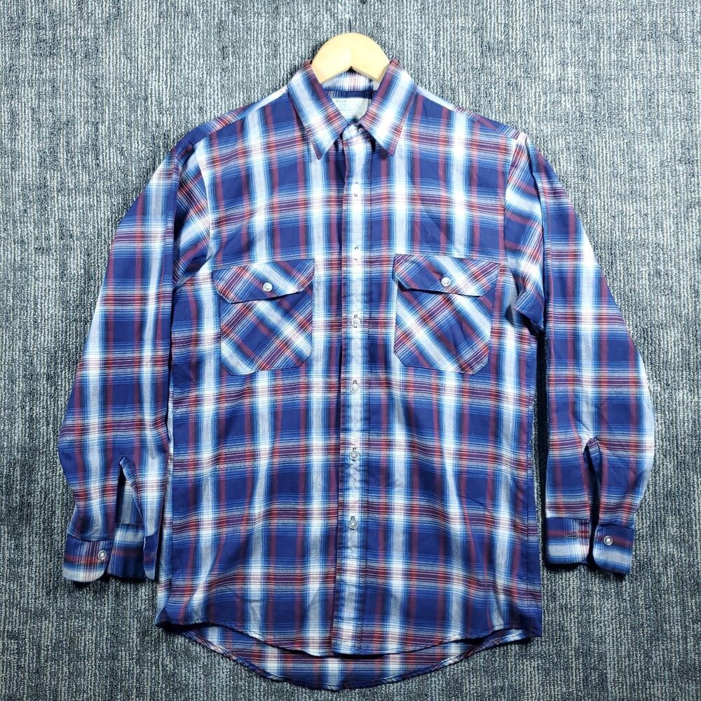 Vintage Sears Fieldmaster Shirt Mens Medium Blue Plaid Flannel Perma Prest 80s